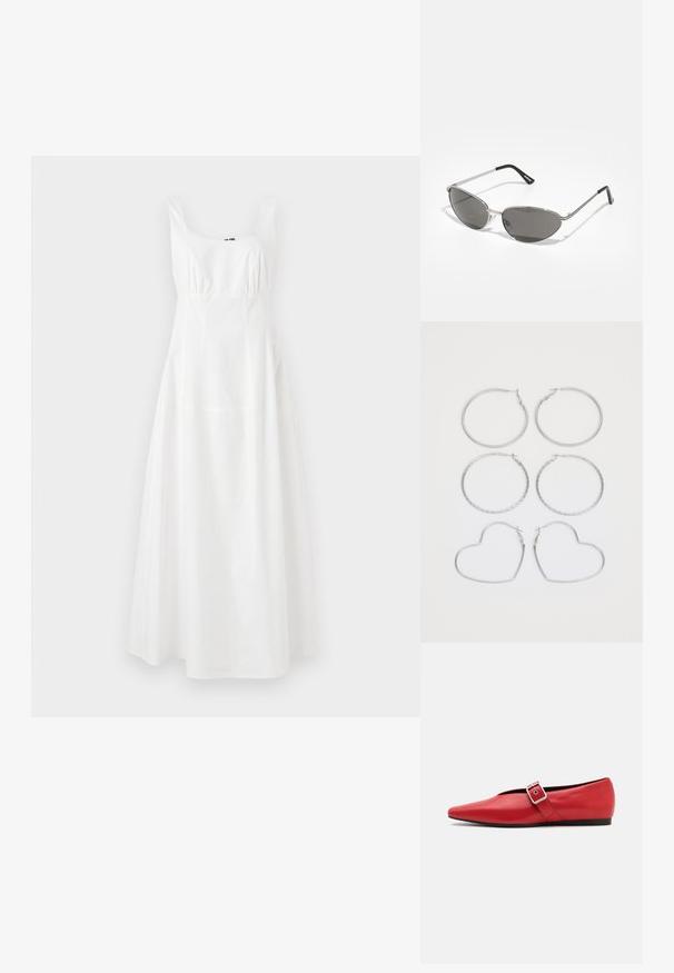 Vestido branco sem mangas com decote quadrado, cintura acinturada e saia evasê. Feito de tecido suave, apresenta um design simples e elegante.; Sandalha plana vermelha de couro com bico apontado, apresentando uma tira lateral com uma fivela de metal e um salto preto baixo. Textura lisa em toda a extensão.; Óculos de sol com uma estrutura metálica prateada elegante, lentes cinzentas e um design aerodinâmico com bordas pontiagudas e hastes finas.; Brincos de argola prateados em três estilos: redondos lisos, redondos torcidos e em forma de coração. Apresentando fechos simples e um acabamento polido.