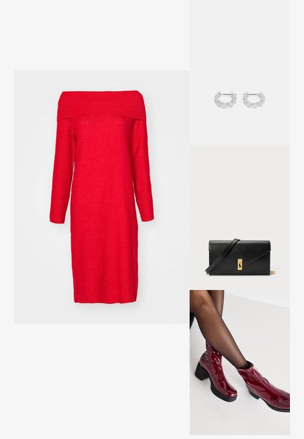 Rød strikkekjole med avtakbare skuldre og lange ermer, med ribbestrikket halslinning og rett silhuett. Myk tekstur og knelengde.; Røde lakkankelstøvler med en kraftig svart hel og glidelåsdetalj. Glatt tekstur, strømlinjeformet design med rund tå.; Sølv hoops øredobber med klare, rektangulære og trekantede krystaller arrangert i et mønsterdesign. Stifter for sikker feste.; Svart lærwallet med et foldbart klaff, gullhardware, med en logo aksent. Inkluderer en avtakbar stropp for bæring.
