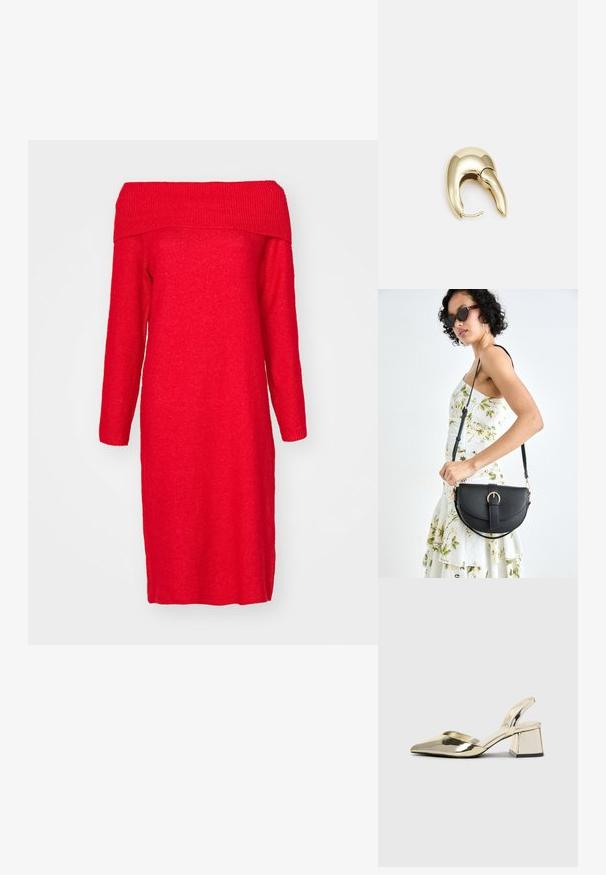 Rochie tricotată roșie, cu umerii descoperiți, cu mâneci lungi, având un guler rib dat și o siluetă dreaptă. Textură moale și lungime până la genunchi.; Pantofi cu toc slingback metalici aurii, cu vârf ascuțit și toc chunky. Textură netedă, design minimalist și o curea subțire.; Geantă din piele neagră, cu o formă curbată, curea detașabilă și accesorii aurii. Geanta are un capac cu un detaliu tip cataramă.; Cercei din metal de culoare aurie cu un design elegant și curbat. Prezintă o formă distinctivă, ascuțită, o suprafață lustruită și un sistem de închidere cu balama.