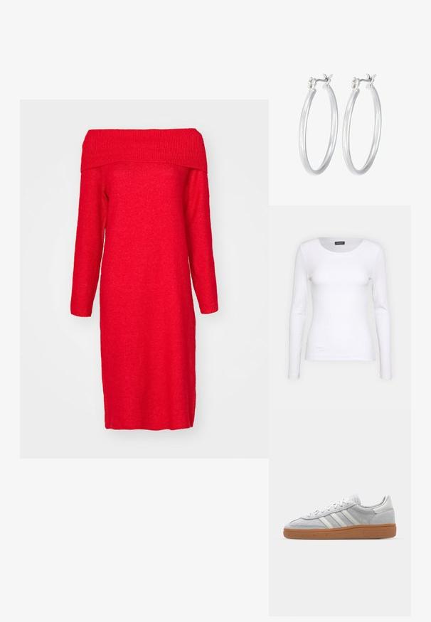Červené pletené šaty s dlouhými rukávy a odkrytými rameny, se žebrovaným výstřihem a rovnou siluetou. Měkká textura, délka po kolena.; Bílé žebrované tričko s dlouhým rukávem a kulatým výstřihem. Vyrobeno z elastické tkaniny, která obepíná tělo. Obsahuje jemné horizontální pruhy.; Svetle šedé nubukové tenisky s bílými koženými akcenty, třemi bílými pruhy a hnědou gumovou podrážkou, s polstrovaným límcem pro pohodlí.; Stříbrné kruhové náušnice s hladkým, lesklým povrchem. Kulatý tvar a bezpečné zapínání na klip. Lehký design vhodný pro každodenní nošení.