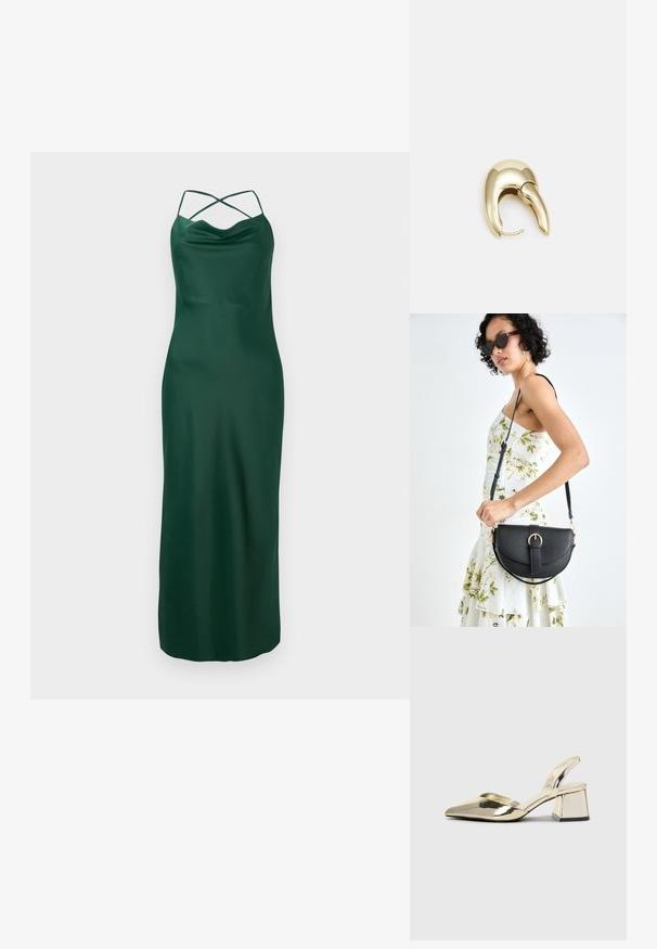 Vestido longo de cetim verde com decote em cowl, alças finas e design de costas cruzadas. Textura suave e silhueta ajustada até a barra.; Sapatos de salto alto metálicos dourados, com biqueira em ponta e salto grosso. Textura suave, design minimalista e uma tira estreita.; Bolsa de couro preta com forma curva, alça destacável e detalhes em dourado. A bolsa possui uma aba com detalhe de fivela.; Brinco em metal dourado com um design elegante e curvo. Apresenta uma forma pontiaguda distinta, superfície polida e fecho por dobradiça.