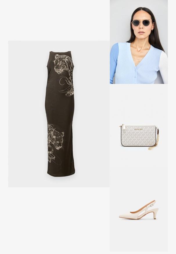 Ilga, prigludusi juoda suknelė be rankovių, su baltais tigro piešiniais ir dailiomis linijomis vienoje pusėje. Glotni tekstūra.; Balti slingback kulniukai su smailiu pirštu, lygia viršutine medžiaga, žemu blokuotu kulnu ir šoniniu išpjovimu su reguliuojamu sagtimi.; Apskriti saulės akiniai su tamsiais objektyvais ir auksiniais rėmeliais. Modelis vilki šviesiai mėlyną, raukinį kardiganą su mygtukais ir kontrastingomis baltomis rankovėmis.; Michael Kors rankinė smėlio spalvos dengto kanvoje su pakartotiniu MK logotipo raštu, auksinėmis detalėmis ir nuimamu grandininiu dirželiu.