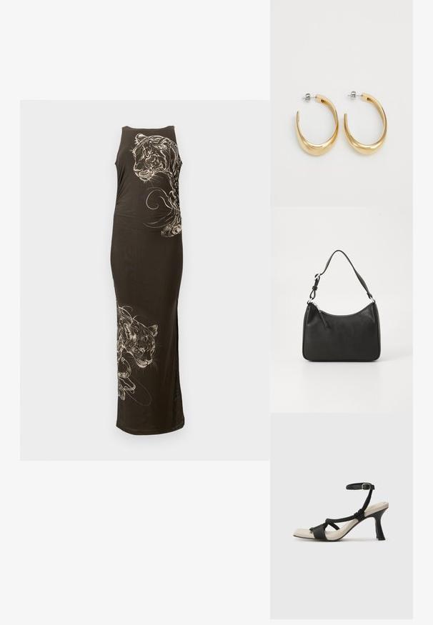 Lang, tettsittende svart kjole med ermeløs design, som har hvite tigerillustrasjoner og flytende linjer på den ene siden. Glatt tekstur.; Sorte helårs sandaler med flettet stroppesdesign, firkantet tå og justerbar ankelrem. Lys beige fotseng med glanset svart hæl.; Svart lærveske med en buet form, en enkelt stropp, glidelåslukking og subtil merkevarebygging på forsiden. Glatt tekstur, minimalistisk design.; Gullfargede hoop øredobber med en glatt, buet design. Laget av metall, med en elegant finish og bakfeste.