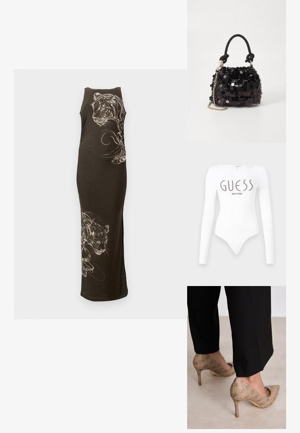 Dlouhé, přiléhavé černé šaty bez rukávů, s bílými ilustracemi tygra a plynulými liniemi na jedné straně. Hladká textura.; Bílý bodysuit s dlouhým rukávem a kulatým výstřihem. Na přední straně má tištěné logo "GUESS" a "EST.1981" v černé barvě. Hladká textura.; Béžové lodičky na vysokém podpatku s texturovanou látkou, která má opakující se vzor. Díky špičaté špičce, zadnímu akcentu a zlatému detailu na podpatku.; Černá mini kabelka s flitry, s uzlovým texturovaným popruhem a stříbrným řetízkem. Zaoblený tvar s nařaseným vrchem a reflexními detaily.