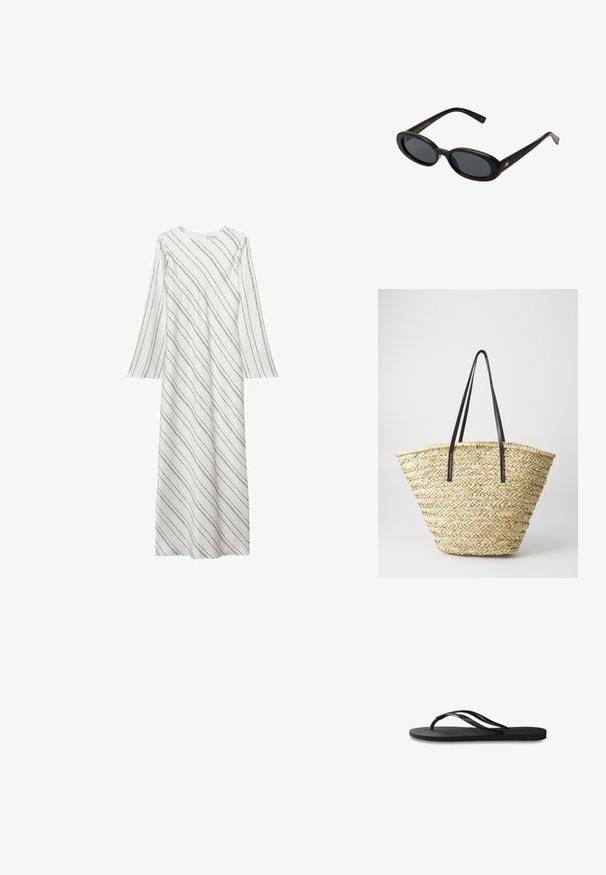 Lungo vestito bianco con strisce diagonali nere, scollatura rotonda e maniche a campana. Realizzato in un tessuto morbido e leggero.; Infradito neri con suola in gomma testurizzata, due cinghie sottili e un sottile dettaglio del logo impresso sulla cinghia.; Occhiali da sole neri oversize con lenti ovali, montatura in plastica liscia e accenti dorati sulle tempie. Le lenti scure offrono protezione dal sole.; Borsa a tracolla in paglia intrecciata con una forma ampia e affusolata, dotata di due manici in pelle nera. Colore beige naturale con una superficie texture.