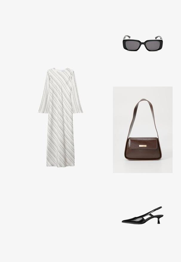 Duga bijela haljina s crnim dijagonalnim prugama, okruglim izrezom i raširenim rukavima. Izrađena od glatkog, laganog materijala.; Crne lakirane natikače na remenčić sa špicastim nosom, dizajnom sa izrezima sa strane i malim kvadratnim potplatom. Glatka tekstura s minimalnim akcentima.; Crne pravokutne sunčane naočale s tamnim lećama, glatkim plastičnim okvirom i zakrivljenim državama. Dizajn je masivan s minimalističkom estetikom.; Smeđa kožna torba za rame sa strukturiranim oblikom, koja ima magnetsko zatvaranje na preklopu i metalni logo akcent na prednjoj strani.