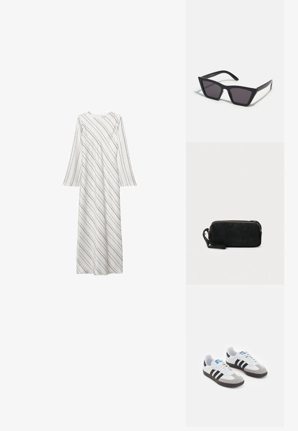 Długa biała sukienka w czarne skośne paski, okrągły dekolt i rozkloszowane rękawy. Wykonana z gładkiego, lekkiego materiału.; Buty sportowe z białą skórzaną cholewką, szarym zamszowym noskiem i trzema czarnymi paskami. Posiadają niebieskie logo na języku oraz teksturowaną gumową podeszwę.; Czarne, kanciaste okulary przeciwsłoneczne z szarymi soczewkami; wykonane z plastiku, z grubymi zausznikami o gładkiej powierzchni i bez widocznych elementów metalowych.; Czarna zamszowa kopertówka z zapięciem na zamek i odpinanym paskiem na nadgarstek. Wyposażona w elementy w kolorze złotym oraz gładką, matową fakturę.