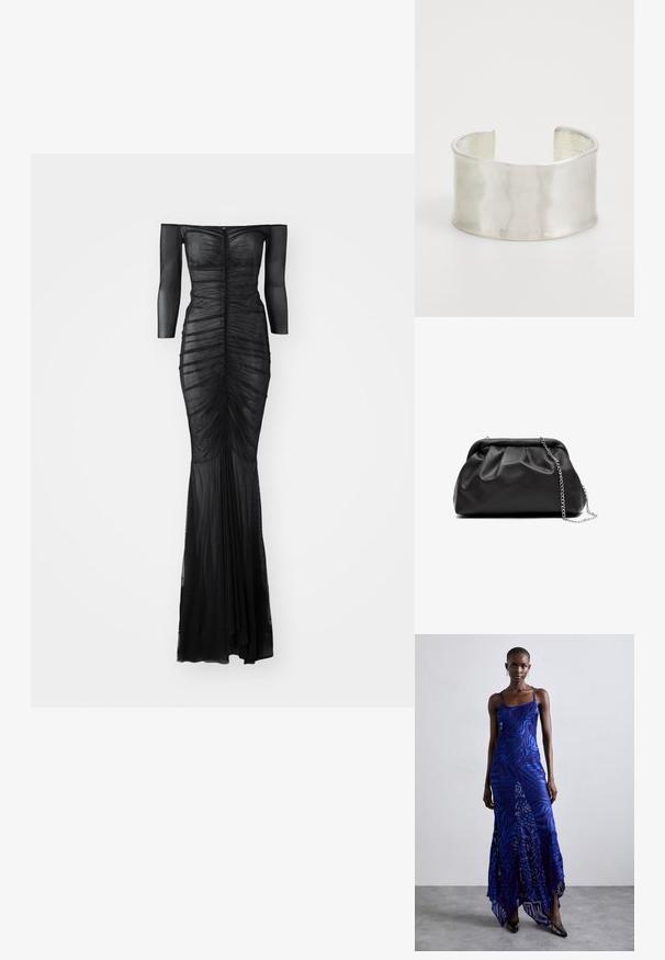 Mustat olkaimeton mekko, jossa on läpinäkyvät pitkät hihat ja rypytetty yksityiskohta. Ominaisuuksina sopiva siluetti, joka levenee helmassa.; Sininen ja violetti eläinkuosinen maksimekko ohuiden hihnojen kanssa, istuva yläosa, levenevä helma ja läpikuultava yksityiskohtainen päällyste.; Musta nahkainen clutch-laukku, jossa on poimutettu muotoilu, pehmeä pinta, pyöreä yläosa ja metalliketjuolkaimet. Kompakti ja jämäkkä siluetti.; Zign Rannekoru - silver-coloured