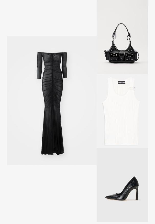 Černé šaty bez ramínek s dlouhými průhlednými rukávy a nařasenými detaily. Mají přiléhavý siluetu, která se na lemu rozšiřuje.; Bílý žebrovaný tílko s kulatým výstřihem a kovovým detailem na rameni. Měkká textura, přiléhavý střih a bezrukávový styl.; Černý lodičkový bot s špičatou špičkou, pokrytý texturou krokodýlí kůže, s elegantním designem, vysokým stiletto podpatkem a hladkým černým interiérem.; Černá kožená kabelka s křivkovým designem, zdobená stříbrnými hřebíky, s přezkou a dvěma bočními kapsami. Nastavitelný popruh pro různé možnosti nošení.