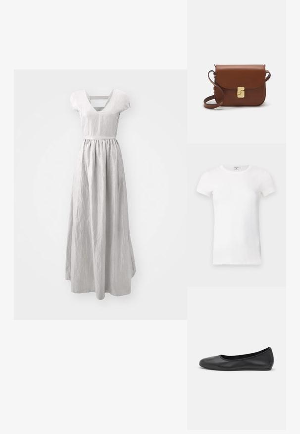 Ilga, šviesiai pilka suknelė, pagaminta iš linas, turinti V formos iškirpę, trumpas rankoves, elastingą juosmenį ir laisvą sijoną su tekstūra.; Balta, raibota trumpa rankovėmis marškinėliai su apvaliu kaklu. Audinys atrodo lygus ir prigludęs. Prekės ženklo etikete matoma prie apykaklės.; Juodai odiniai baletai su apvaliu pirštu, lygi texture, minimalus siuvimo detales ir lanksčiu padų dizainu.; Ruda odinė rankinė su uždaromu dangteliu, aukso spalvos detalėmis, petneša ir lygiu paviršiumi. Kompaktiška stačiakampio formos.