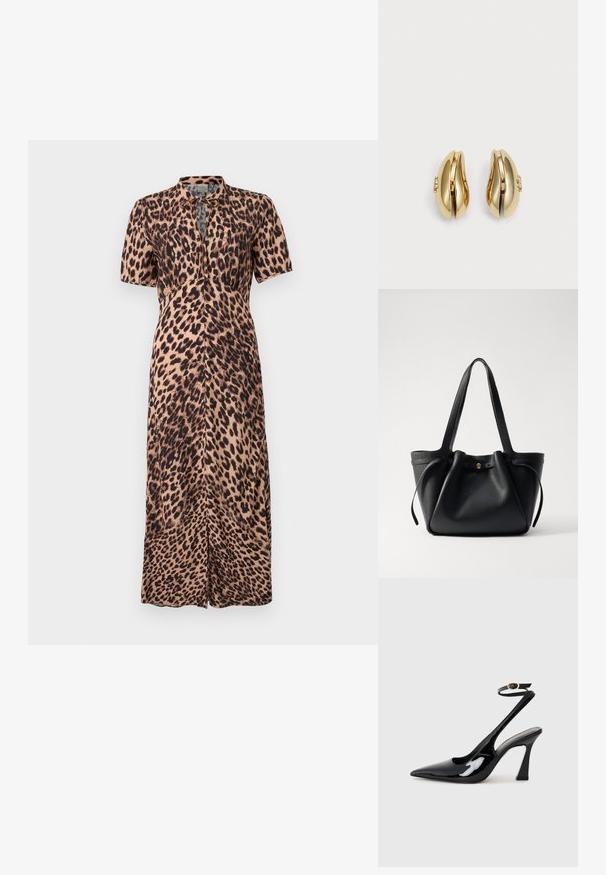 Leopardų raštuotas suknelė su trumpomis rankovėmis, rakto skylutės iškirpte ir tiesia siluetu. Pagaminta iš lygaus audinio, turi priekinius plyšius.; Juodai lakuoti slingback aukšti kulniukai su smailiu nosiu, reguliuojama čiurnos juostele ir vidutinio dydžio blokiniu kulnu. Lygus paviršius su blizgiu apdaila.; Juodas odinis rankinis krepšys su dviem ilgom diržais, surišamu viršumi ir auksiniu apvaliu akcentu. Lygus paviršius su minimalistiniu dizainu.; Aukso spalvos auskarai su srauniu, kreiviu dizainu. Kiekvienas auskoras turi lygų paviršių ir mažą užsegimą su dekoratyviu akcentu.