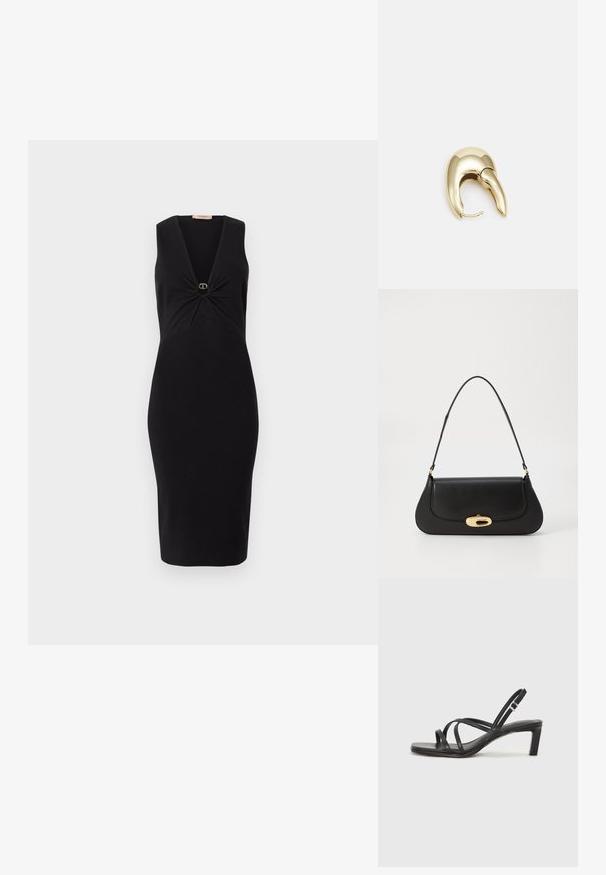 Černé bezramínkové šaty s hlubokým výstřihem do V a zkrouceným detailem vpředu, který má uprostřed kulatý zlatý akcent. Těsně přiléhají k tělu a sahají ke kolenům.; Černé sandály na tenkém podpatku se čtveratou špičkou a nízkým blokovým podpatkem. Mají několik tenkých popruhů a nastavitelné zapínání okolo kotníku. Vyrobeny z hladké kůže.; Černá kožená kabelka s zakřiveným designem, zlatými akcenty a horním uchem. Vybavena elegantním zavíráním a hladkým povrchem.; Náušnice ve zlatém tónu z kovu s elegantním zakřiveným designem. Vyznačují se jedinečným špičatým tvarem, lesklým povrchem a závěsem na kloub.