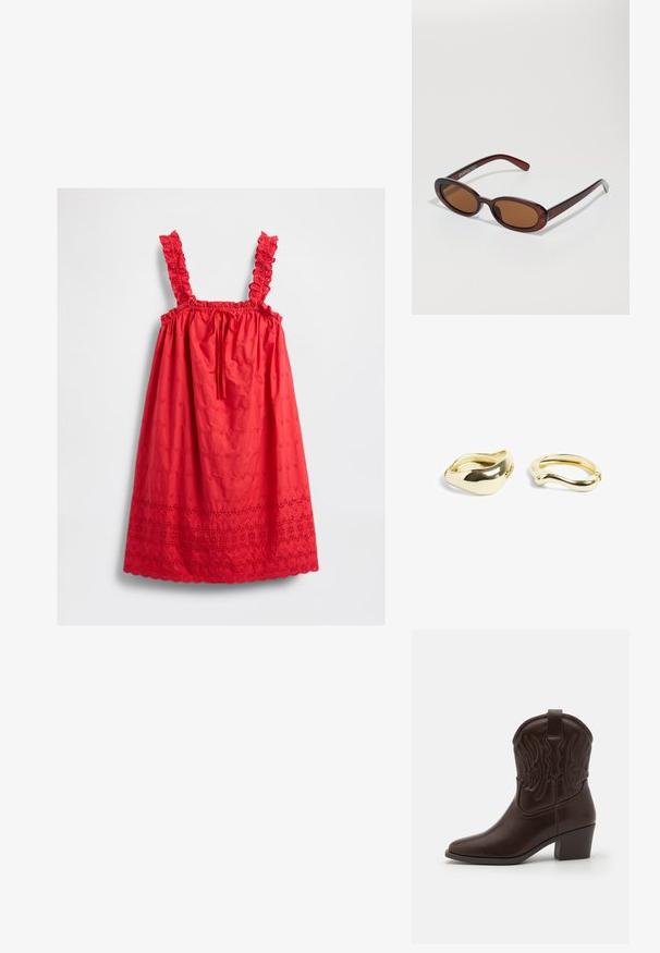 Rotes ärmelloses Kleid mit gestickten Blumenmustern, Rüscheträgern, einer Schleife am Ausschnitt und gewelltem Saumdetail.; Braune Leder-Cowboy-Stiefel mit spitzen Zehen, geprägten Flügelmotiven, einem mittelhohen Blockabsatz und einer Zuglasche auf der Rückseite.; Runde, braun getönte Sonnenbrillen mit einem glänzenden burgunderfarbenen Rahmen. Schlanke Bügel mit dezentem Branding. Flaches Linsendesign.; NA-KD 2-PACK - Armband - gold-coloured