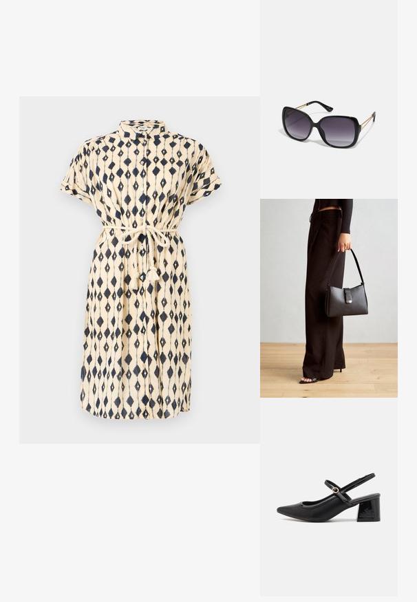 Sukienka na guziki w kremowym kolorze z granatowym wzorem w diamenty. Posiada krótkie rękawy, materiałowy pasek oraz dekoracyjne frędzle w talii.; Czarne lakierowane czółenka na słupku ze spiczastym noskiem, lekko zaokrąglonym wycięciem i obcasem w kształcie bloku. Posiadają złotą klamrę jako akcent dekoracyjny.; Czarne oversize okulary przeciwsłoneczne z gradientowymi soczewkami, grubymi oprawkami i złotym łańcuszkiem na ramionach.; Czarna torebka o usztywnionym kształcie, gładkiej fakturze i metalowym zapięciem. Połączona z szerokimi czarnymi spodniami i sandałami na otwartym palcu na drewnianej podłodze.