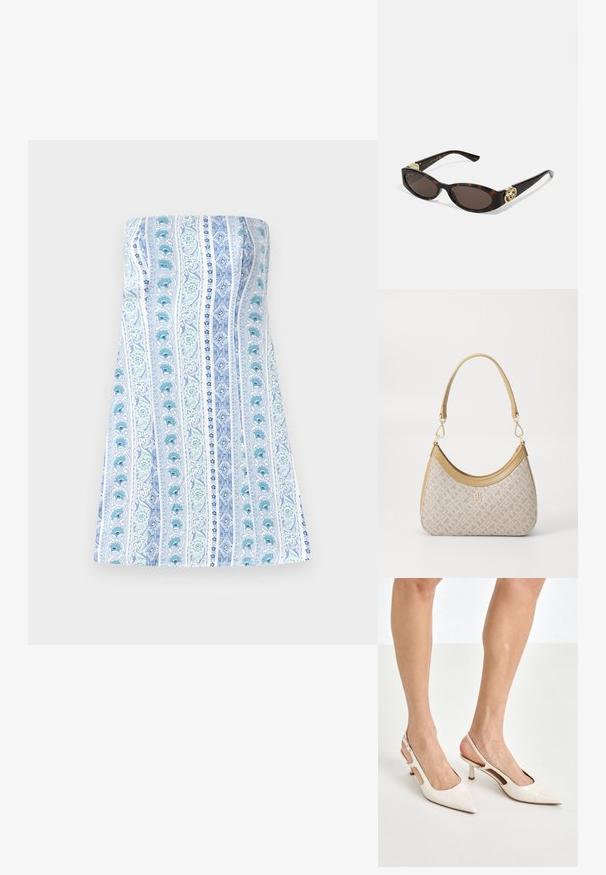 Sukienka bez ramiączek w białym kolorze z pionowymi niebieskimi i zielonymi paskami w kwiaty, charakteryzująca się gładką fakturą oraz dopasowanym gorsetem i rozkloszowaną spódnicą.; Beżowe lakierowane szpilki z odkrytą piętą, zakończone spiczastym noskiem i 5 cm obcasem, z wyciętymi bokami oraz cienkim paskiem na kostce.; Słoneczne okulary w kolorze żółwi z wydłużonymi owalnymi soczewkami, brązowym odcieniem, złotymi akcentami logo na zausznikach oraz smukłymi czarnymi ramionami.; Beżowa torebka w wzory o zakrzywionym kształcie, z skórzanymi akcentami i złotym logo z przodu. Posiada krótki uchwyt, co ułatwia noszenie.