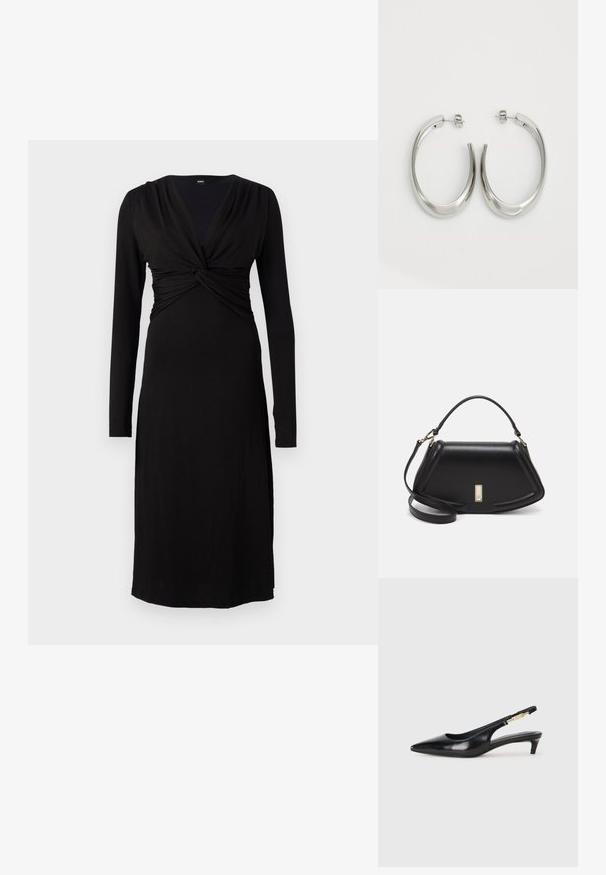 Svart långärmad klänning med djup V-ringning och vriden midjedetalj. Designad i ett mjukt, elastiskt tyg för komfort och passform.; Svart läder slingback-hälar med spetsig tå, med en smal klack och en guldtonad detalj på den justerbara remmen. Slät textur.; Svart läderhandväska med en strukturerad design, som har en avskuren form, ett handtag upptill och guldiga detaljer. Justerbar axelrem ingår.; Silverfärgade hoopsörhängen med en slät, böjd design. Har en glänsande metallisk yta och ett stiftlås. Inga synliga mönster eller detaljer.