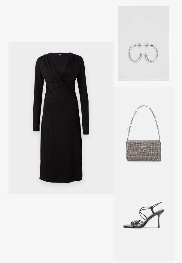 Fekete, hosszú ujjú ruha mély V nyakkivágással és csavart felsőrésszel. Simó, rugalmas anyagból készült a kényelmes illeszkedés érdekében.; Fekete magas sarkú szandálok vékony pántokkal, csomózott mintával, sima négyzetes orral és karcsú stiletto sarkal rendelkeznek.; Világosszürke fémes kézitáska lánc pánttal, kis kör alakú fém kifinomult díszítéssel és háromszög alakú márkagéppel.; Ezüst karika fülbevalók sima, fényes felülettel. Lekerekített forma, könnyű kialakítással, tűs zárómechanizmussal.
