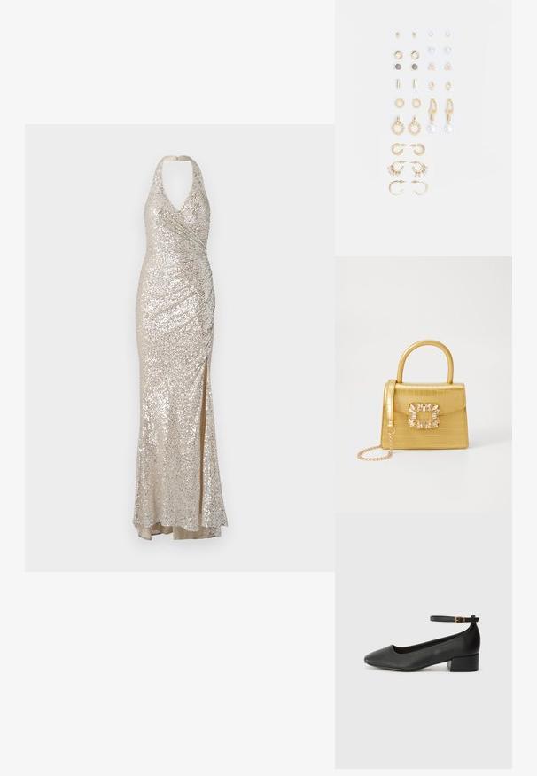 Beige színű, pánt nélküli flitteres ruha, testhezálló siluettal, oldalsó hasítékkal és redőzött részletekkel, amelyek textúrát és vizuális érdekességet kölcsönöznek.; Fekete bőr magassarkú cipő hegyes orral és alacsony tömb sarkal. Bokapánttal rendelkezik, aranyszínű csattal. Simább textúra.; Sárga műbőr krokodil mintás kézitáska strukturált kialakítással, felső fogantyúval, leválasztható lánccal és díszes kristály díszítéssel a záron.; Arany tónusú fülbevalók szettje, amely különféle mintákat tartalmaz, beleértve a stift fülbevalókat, karikákat és gyöngyökkel és strasszokkal díszített hosszú fülbevalókat.