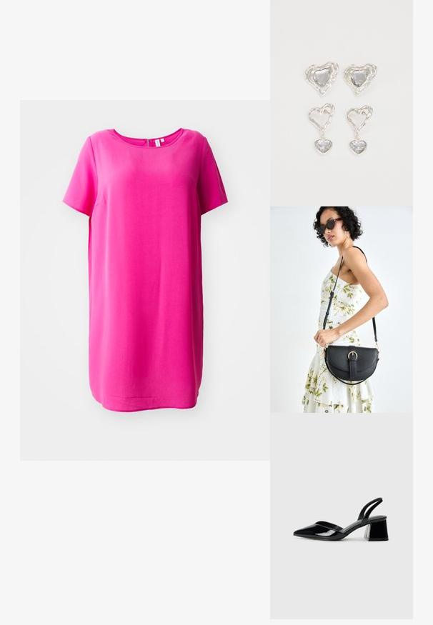Kortermet kjole i klar rosa, laget av glatt stoff. Har rund hals og en rett skjæring som faller litt over knærne.; Svarte patentlær slingback hæler med spiss tå og geometrisk blokk hæl. Har et stilrent, minimalistisk design og jevn tekstur.; Svart lærveske med en buet form, avtagbar stropp og gullbeslag. Vesken har et klaff med spenne-detall.; Sølv hjerteformede øredobber har fasetterte klare steiner med en teksturert ramme. Sett inkluderer både stud- og hengende stiler.