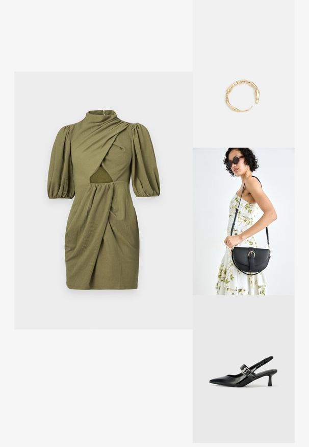 Olivovo zelené šaty s vysokým výstrihom, bufantovými rukávmi a zberaným predným dielom. Majú výrez v páse a textúrovanú látku.; Čierne patentové kožené sandále na podpätku so špicatou špičkou a malým blokovým podpätkom, s dekoratívnou striebornou sponou na remienku.; Čierna kožená kabelka s zaobleným tvarom, odnímateľným popruhom a zlatými doplnkami. Kabelka má klopu s detailom s prackou.; Prsteň v zlatej farbe s organickým, skrúteným dizajnom, hladkým povrchom a zužujúcimi sa koncami, vytvárajúci moderný, sochársky vzhľad.