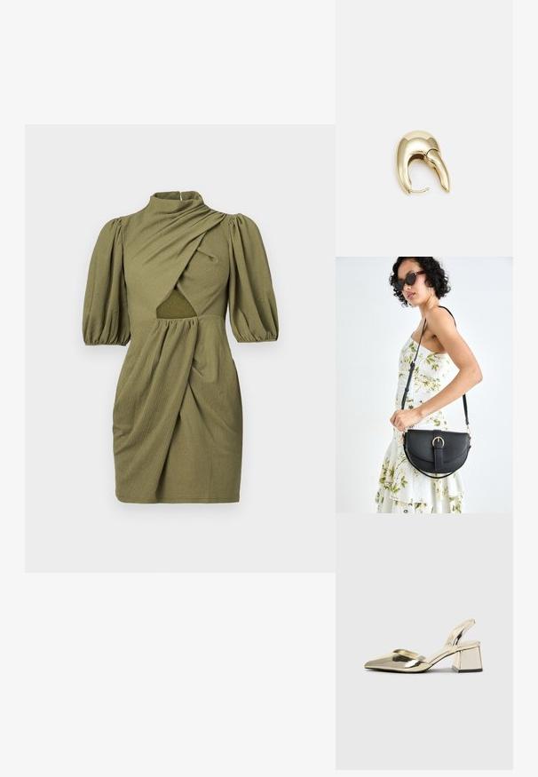 Olivenvihreä mekko, jossa on korkea kaula, puffimaiset hihat ja rypistetty etuosa. Mekossa on leikattu yksityiskohta vyötäröllä ja teksturoitu kangas.; Kultaiset, metalliset slingback-kengät, joissa on teräväkärkiset ja paksut korot. Sileä pinta, minimalistinen muotoilu ja kapea hihna.; Musta nahkainen käsilaukku, joka on kaareva muotoilultaan, irrotettavalla hihnalla ja kultaisilla yksityiskohdilla. Laukussa on läppä, jossa on solk yksityiskohta.; Kultahipuinen korvakoru, jossa on sulavalinjainen, kaareva muotoilu. Ominaisuuksiin kuuluu erottuva terävä muoto, kiillotettu pinta ja sarana kiinnitys.