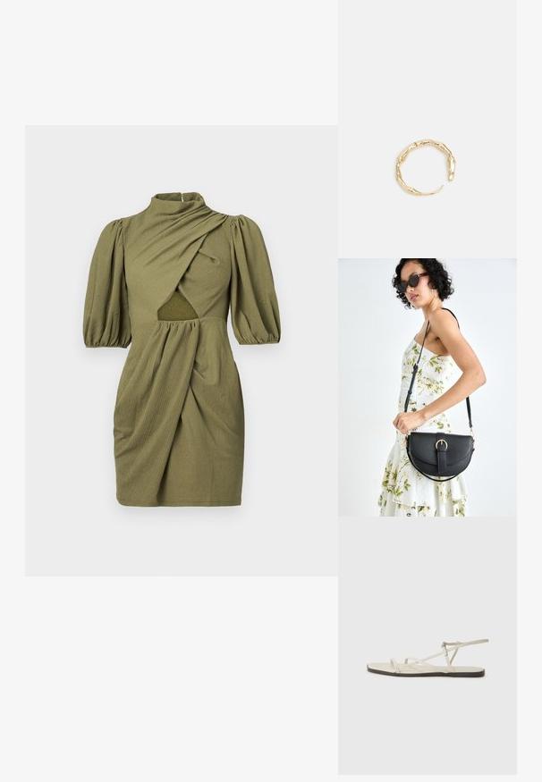 Olivengrünes Kleid mit hohem Kragen, puffärmel und gerafftem Vorderteil. Es hat ein Ausschnittdetail in der Taille und einen strukturierten Stoff.; Beige flache Sandale mit mehreren schlanken Riemen und einer verstellbaren Schnalle. Die Sohle ist flach und hat einen leichten dunklen Kontrast am Rand.; Schwarze Lederhandtasche mit geschwungener Form, abnehmbarem Tragegurt und goldenen Beschlägen. Die Tasche verfügt über einen Deckel mit einer Schnallen-Details.; Goldfarbener Ring mit einem organischen, gedrehten Design, glatter Oberfläche und sich verjüngenden Enden, was ein modernes, skulpturales Erscheinungsbild erzeugt.