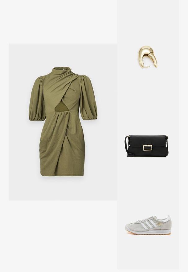 Rochie verde măsliniu cu guler înalt, mâneci cu volane și partea din față plisată. Prezintă un detaliu decupat în talie și un material texturat.; Tenis light grey din suede și plasă, cu trei dungi albe, vârf rotund și o talpă din cauciuc gumă. Accente de logo aurii lângă șireturi.; Geantă de mână din piele neagră, cu clapetă și un detaliu din metal auriu. Include o curea neagră și un design elegant, minimalist.; Cercei din metal de culoare aurie cu un design elegant și curbat. Prezintă o formă distinctivă, ascuțită, o suprafață lustruită și un sistem de închidere cu balama.