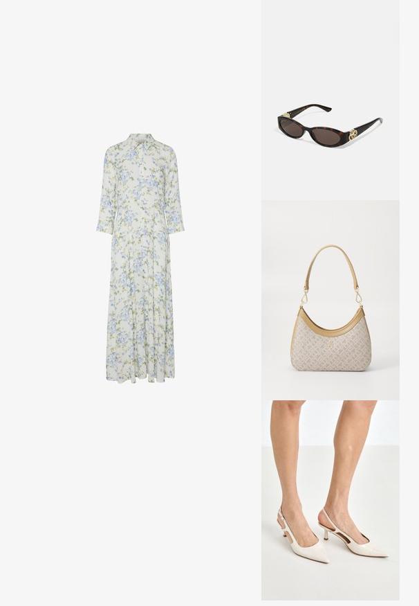 Kwiatowa maxi sukienka z kołnierzykiem zapinanym na guziki, 3/4 rękawami i lekkim materiałem w niebieskie i zielone wzory kwiatowe na kremowym tle.; Beżowe lakierowane szpilki z odkrytą piętą, zakończone spiczastym noskiem i 5 cm obcasem, z wyciętymi bokami oraz cienkim paskiem na kostce.; Słoneczne okulary w kolorze żółwi z wydłużonymi owalnymi soczewkami, brązowym odcieniem, złotymi akcentami logo na zausznikach oraz smukłymi czarnymi ramionami.; Beżowa torebka w wzory o zakrzywionym kształcie, z skórzanymi akcentami i złotym logo z przodu. Posiada krótki uchwyt, co ułatwia noszenie.; Naszyjnik z pereł i kryształów o okrągłym, koralikowym wzorze w jasnych odcieniach, z naprzemiennie umieszczonymi perłami i błyszczącymi akcentami, noszony na szyi.