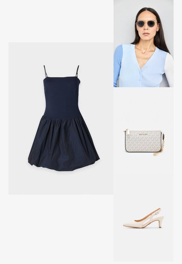 Tmavomodré šaty s priliehavým telom a rozšírenou, naberanou sukňou. Vyrobené z hladkej látky s špagetovými ramienkami.; Biele slingback topánky na podpätku s ostrou špičkou, hladkým vrchným materiálom, nízkym blokovým podpätkom a bočným výrezom s nastaviteľným remienkom na pracku.; Okrúhle slnečné okuliare s tmavými šošovkami a zlatým rámom. Modelka má na sebe svetlomodrý pletený kardigán s gombíkmi a bielymi rukávmi v kontraste.; Michael Kors zápästná taška v béžovej potiahnutej plátenej tkanine s opakujúcim sa vzorom loga MK, zlatým kovania a odnímateľným reťazovým popruhom.