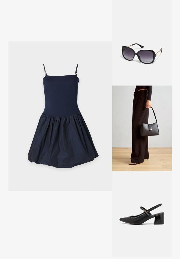 Tmavomodré šaty s priliehavým telom a rozšírenou, naberanou sukňou. Vyrobené z hladkej látky s špagetovými ramienkami.; Čierne lakované kožené lodičky so slingback dizajnom, špicatou špičkou, zaobleným výrezom a blokovým podpätkom. Obsahuje akcent zlatého tónu s prackou.; Čierne oversized slnečné okuliare s gradientovými sklíčkami, hrubými rámami a zlatým retiazkovým detailom na stranách.; Čierna kabelka so štruktúrovaným tvarom, hladkou textúrou a kovovou sponou. V kombinácii so širokými čiernymi nohavicami a sandálmi s otvorenou špičkou na drevenej podlahe.