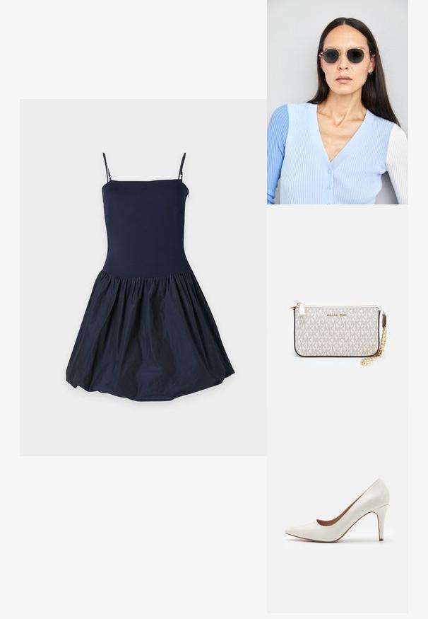 Rochie albastru marin cu un corset ajustat și o fustă evazată, cu pliuri. Construită dintr-un material neted, cu bretele subțiri.; Cămașă de lac alb cu toc înalt, cu vârful ascuțit și o suprafață netedă, având un toc subțire și o deschidere tăiată jos.; Ochelari de soare rotunzi cu lentile întunecate și rame aurii. Modelul poartă un cardigan ribbed de culoare albastru deschis cu nasturi și mâneci albe în contrast.; Clutch Michael Kors din canva acoperit bej, cu un model repetitiv al logo-ului MK, accesorii din aur și o curea cu lanț detașabil.