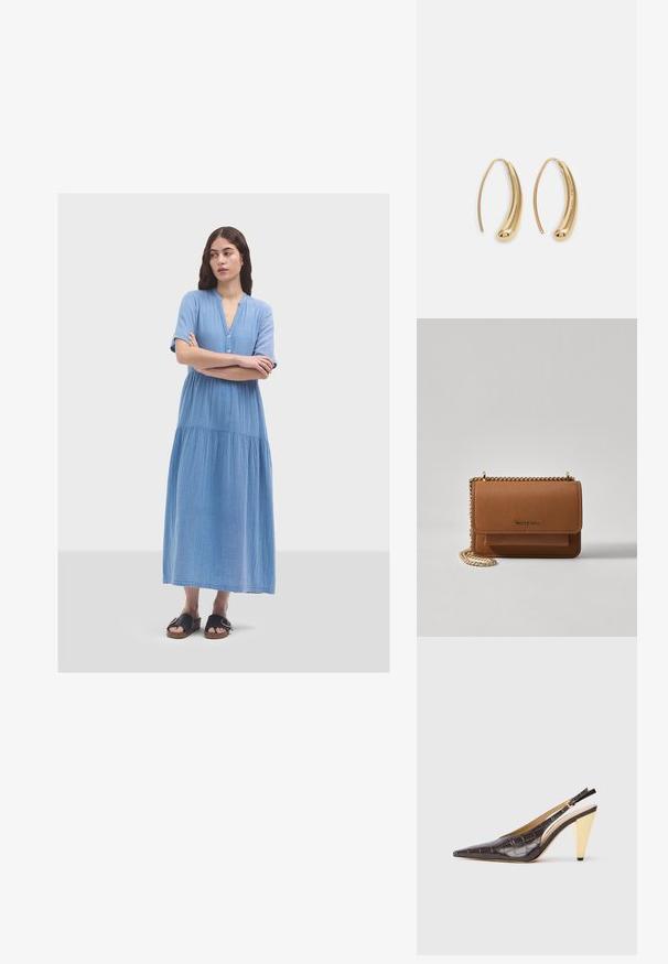Jasnoniebieska sukienka do kolan, wykonana z miękkiego materiału. Posiada krótkie rękawy, zapięcie na guziki oraz zwiewną, marszczoną dolną część.; Sandały na obcasie z przeszyciem w ciemnym brązowym lakierowanym faux krokodyle. Posiadają złoty geometrzyczny obcas oraz regulowany pasek wokół kostki.; Brązowa skórzana torba na ramię z teksturą, z złotym łańcuszkiem i zapięciem na klapkę. Z przodu znajduje się detal z logo oraz kieszeń pod klapką.; Złote metalowe kolczyki w kształcie obręczy o zakrzywionym, wydłużonym kształcie. Posiadają gładką, błyszczącą powierzchnię oraz zaokrąglony koniec dla dodatkowego efektu.