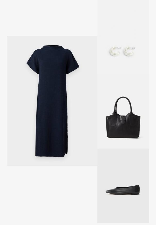 Rochie bleumarin cu o croială lejeră, mâneci scurte, decolteu înalt, material texturat și slituri laterale pentru confortul mișcării.; Balerini din piele neagră, vârf ascuțit, design minimalist, textură netedă, toc de mică înălțime, fără hardware sau embellishments vizibile.; Geantă tote din piele neagră cu textură netedă, formă structurată, două mânere și un detaliu proeminent din aliaj de argint pe partea din față.; Cercei argintii cu un design în formă de cerc răsucit, având o suprafață texturată și detalii canelate, fixați cu un închizător cu tijă.