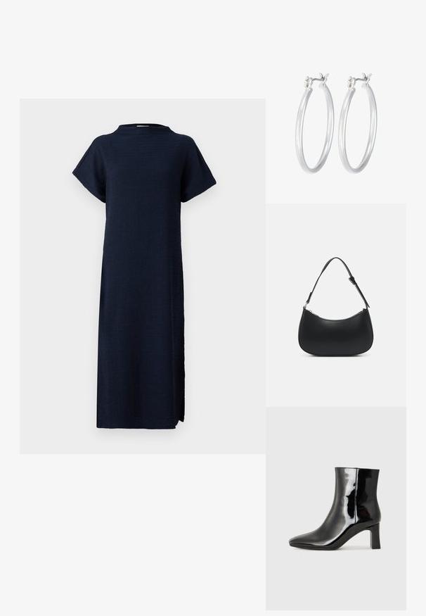 Marineblaues Kleid mit lockerer Passform, kurzen Ärmeln, hohem Ausschnitt, strukturiertem Stoff und seitlichen Schlitzen für Bewegungsfreiheit.; Schwarzer Lackleder-Stiefelette mit spitzer Zehe und einem mittelhohen Blockabsatz. Glatte Textur und minimalistisches Design.; Pieces PCALUANA SHOULDER BAG - Handtasche - black; Silberne Creolen mit einer glatten, polierten Oberfläche. Runder Form und sicherem Klickverschluss. Leichtes Design, geeignet für den täglichen Gebrauch.