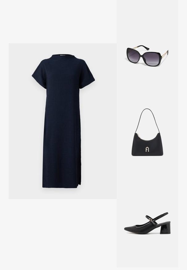 Mornarško modra obleka z udobnim krojem, kratkimi rokavi, visokim ovratnikom, teksturirano tkanino in stranskimi razporki za lažje gibanje.; Črne patentne usnjene salonarce s slingback obliko, s koničastim nosom, zaobljenim izrezom in blok peto. Imajo zlato kovinsko zaponko kot dodatno okrasje.; Črne prevelike sončne očala z degradacijskimi lečami, debelimi okvirji in zlatimi verižicami na ročajih.; Črna torba za rame, izdelana iz gladkega materiala, s poševno obliko, zlatim zadrgo in zlatim embossiranim logotipom na sprednji strani.