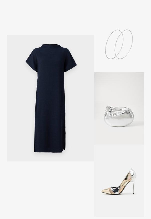 Námornícka modrá šaty s voľným strihom, krátkymi rukávmi, vysokým výstrihom, textúrovanou tkaninou a bočnými rozparkami pre pohodlný pohyb.; Lodičky s špičatou špičkou v striebornom, zlatom a telovom farebnom prevedení. Lesklý povrch s výrezovým dizajnom, s ihlovým opätkom.; Strieborná metalická taška s mäkkým, zaobleným tvarom a uzáverom s uzlíkom. Vyrobená z hladkej syntetickej kože.; Strieborné kruhové náušnice s minimalistickým dizajnom. Cirkulárny tvar, hladký povrch a tenký profil. Ľahké s lesklým povrchom.
