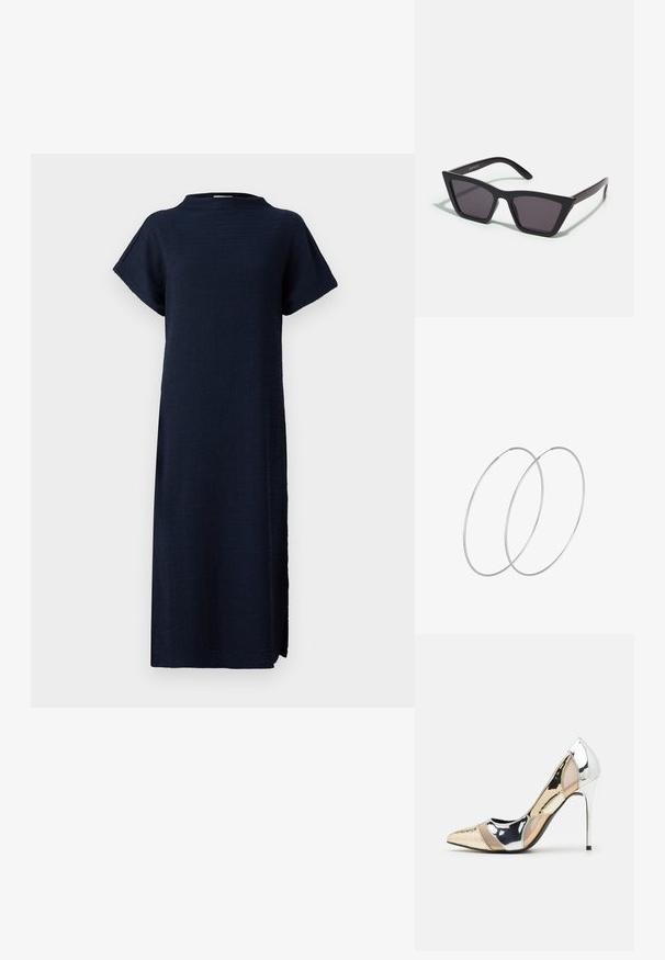 Námornícka modrá šaty s voľným strihom, krátkymi rukávmi, vysokým výstrihom, textúrovanou tkaninou a bočnými rozparkami pre pohodlný pohyb.; Lodičky s špičatou špičkou v striebornom, zlatom a telovom farebnom prevedení. Lesklý povrch s výrezovým dizajnom, s ihlovým opätkom.; Čierne, ostré slnečné okuliare so sivými sklami; vyrobené z plastu, majú hrubé ramená s hladkým povrchom a bez viditeľnej mechaniky.; Strieborné kruhové náušnice s minimalistickým dizajnom. Cirkulárny tvar, hladký povrch a tenký profil. Ľahké s lesklým povrchom.