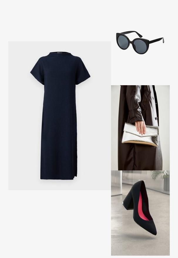 Robe bleu marine à coupe décontractée, avec des manches courtes, un col haut, un tissu texturé et des fentes latérales pour plus de liberté de mouvement.; Chaussure à talon haut noire avec un bout pointu et une tige texturée. Intérieur avec une doublure rose vif. Talon carré avec un accent métallique à la base.; Lunettes de soleil oversize noires en forme d'œil de chat, avec des verres teintés foncés et une monture en plastique brillant. Caractéristiques de branches épaisses pour le soutien.; Pochette métallique argentée avec un design d'enveloppe angulaire, texture lisse et couleur intérieure contrastante, tenue dans une main portant un manteau noir.