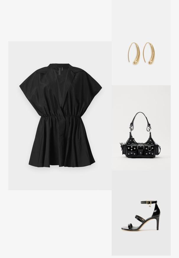 Blouse noire à manches courtes avec une taille cintrée et un bas plissé. Fabriquée en tissu léger, elle présente un design épuré et minimaliste.; Sandale en cuir verni noir avec trois brides, boucle de cheville et talon aiguille de 10 cm. Présente un détail en métal doré et un charm logo.; Sac à main en cuir noir au design courbé, avec des clous en argent, une boucle et deux poches latérales. Bandoulière réglable pour différentes options de transport.; Boucles d'oreilles en métal doré en forme d'anneau, avec une forme courbée et allongée. Elles présentent une surface lisse et brillante avec une pointe arrondie pour un détail supplémentaire.