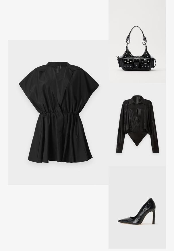 Juoda trumpų rankovių bluzė su suspausta juosmeniu irklotais apačioje. Pagaminta iš lengvos medžiagos, pasižyminti elegantišku, minimalistiniu dizainu.; Juodas bodžiukas su ilgomis rankovėmis, V formos iškirpte ir prigludusia siluetu. Pagamintas iš blizgaus, lygaus audinio su struktūrizuotu apykakle ir rankogaliais.; Juoda smailiakulnė aukšto kulno bateliai su krokodilo odos tekstūra, pasižymintys elegantišku dizainu, aukštu stiletu kulnu ir lygia juoda vidine dalimi.; Juodas odinis rankinukas su kreiviu dizainu, su sidabro spalvos knopkėmis, užsegimu ir dviem šoninėmis kišenėmis. Reguliuojama dirželis nešimui.