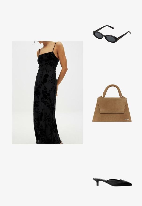 NA-KD Maksi suknelė - black; Juodos odinės aukštakulnės mule sandalai su smailiu nosiu, atvira nugara ir žemu blokuotu kulnu. Lygaus paviršiaus su minimalistiniu dizainu.; Juodos didelės saulės akinių su ovaliais objektyvais, lygia plastiko rėmeliu ir aukso akcentais ant šventyklos. Tamsūs objektyvai suteikia apsaugą nuo saulės.; Ruda veliūrinė rankinė su struktūrinėmis trikampio formos linijomis, viršutine rankena ir užsegimu užklotu. Pusėje yra subtilus logotipas.