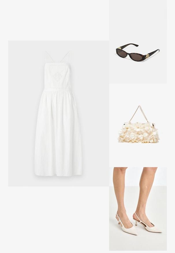 Weißes, ärmelloses Kleid mit dünnen Trägern, das ein quadratisches, besticktes Panel, eine geraffte Taille und einen flatternden Rock hat. Aus leichtem Stoff gefertigt.; Beige Lackleder Slingback-Absätze mit spitzem Fuß und 5 cm Absatz, mit ausgeschnittenen Seiten und einem schmalen Knöchelriemen.; Schildpatt-Sonnenbrille mit länglich-ovalen Gläsern, braunem Farbton, goldenen Logo-Akzenten an den Bügeln und schlanken schwarzen Bügeln.; Weißes Blumenhandtasche mit einer gerafften Stoffoberfläche, goldfarbener Kettenriemen und metallischem Verschluss. Mit strukturierten Blütenblättern für zusätzliche Details.