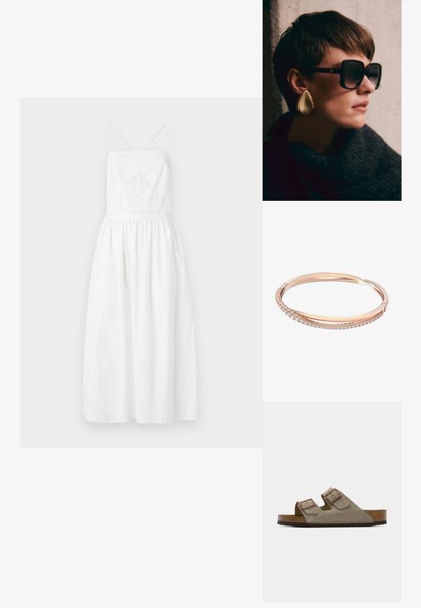 Vestido branco, sem mangas, com alças finas, apresentando um painel bordado quadrado, uma cintura franzida e uma saia fluida. Feito de um tecido leve.; Sandal slide em camurça de cor cinza claro com duas fivelas ajustáveis, palmilha em cortiça e sola em borracha texturizada.; Óculos de sol pretos oversized com lentes escuras e acessórios em dourado, combinados com um grande brinco em forma de gota em dourado brilhante. Cachecol texturizado escuro.; Pulseira em ouro rosé com duas bandas entrelaçadas, uma adornada com uma fileira de diamantes, superfície elegante e bordas suaves.