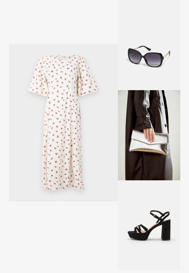 White floral midi dress with short puff sleeves and red rose patterns. Features a round neckline with a back tie closure. Soft fabric texture.; Black suede platform sandals with a block heel, featuring criss-cross straps and a buckled ankle strap for secure fit.; Black oversized sunglasses with gradient lenses, thick frames, and gold-tone chain detailing on the temple arms.; Silver metallic clutch with an angular envelope design, smooth texture, and contrasting interior color, held in a hand wearing a black coat.