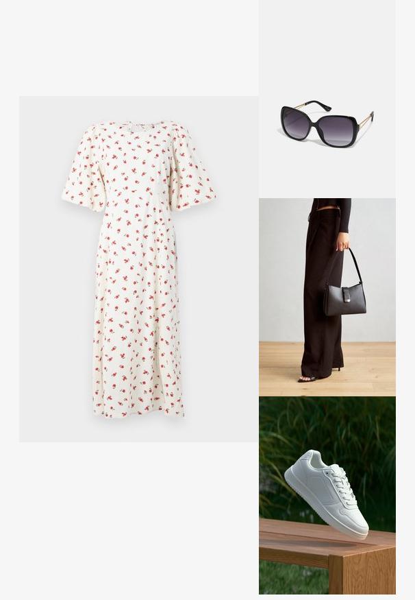 Valge lilleline midi kleit lühikeste pufflepingutele ja punaste rooside mustriga. Omab ümmargust kaelust ja seljal nööri kinnitust. Pehme kangastekstuuri.; Valged sneakerd, millel on sile sünteetiline ülemine osa, väikeste aukudega varvaskast, lamedad paelad ja tekstuuriga tald, eksponeeritud puidust pinnal.; Mustad ümarad päikeseglaasid, millel on gradient objektiivid, paksud raamid ja kuldse tooni kettaga kaunistused tempelitel.; Must musta kott, millel on struktureeritud kuju, sile tekstuur ja metallist klamber. Kombineeritud laiate mustade pükstega ja avatud varvaste sandaalidega puidust põrandal.