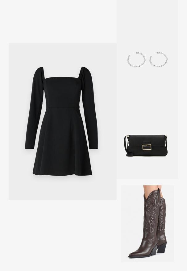Crna haljina dugih rukava sa kvadratnim izrezom, uskim gornjim dijelom i lepršavom suknjom. Izrađena od glatkog materijala s blagom teksturom.; Smeđe kožne kauboj čizme s šiljastim vrhom i blok-potpeticom, s detaljno izvezenim šavovima i uzdignutim naglascima na okovu.; Crna kožna clutch torbica s preklopom i zlatnim metalnim detaljem kopče. Uključuje crnu trakicu i elegantan, minimalistički dizajn.; Srebrne naušnice s obručima i uvijenim dizajnom, s poliranim završetkom i pričvršćivanjem na stražnjoj strani. Mjere otprilike 3 cm u promjeru.