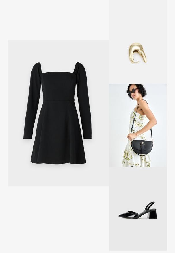 Rochie lungă neagră cu mânecă lungă, decolteu pătrat, bust ajustat și fustă evazată. Confecționată dintr-un material neted, cu o textură subtilă.; Pantofi cu toc slingback din piele lacuită neagră, cu vârf ascuțit și toc geometric. Prezintă un design elegant, minimalist și o textură netedă.; Geantă din piele neagră, cu o formă curbată, curea detașabilă și accesorii aurii. Geanta are un capac cu un detaliu tip cataramă.; Cercei din metal de culoare aurie cu un design elegant și curbat. Prezintă o formă distinctivă, ascuțită, o suprafață lustruită și un sistem de închidere cu balama.
