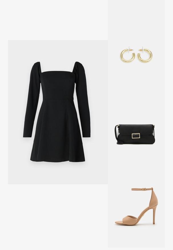 Črna obleka z dolgimi rokavi in kvadratnim izrezom, prilegajočim se pasom in razširjenim krilom. Narejena iz gladkega blaga z rahlo teksturo.; ALDO CRERIDE PILLOW WALK - Sandali - beige; Črna usnjena torbica na preklop z zlato kovinsko zaponko. Vključuje črn trak in eleganten, minimalističen dizajn.; Zlate uhane v obliki obročkov z gladko, sijočo površino. Krožna zasnova s majhnim nosilcem in prozornim podplatom za varno nošenje.