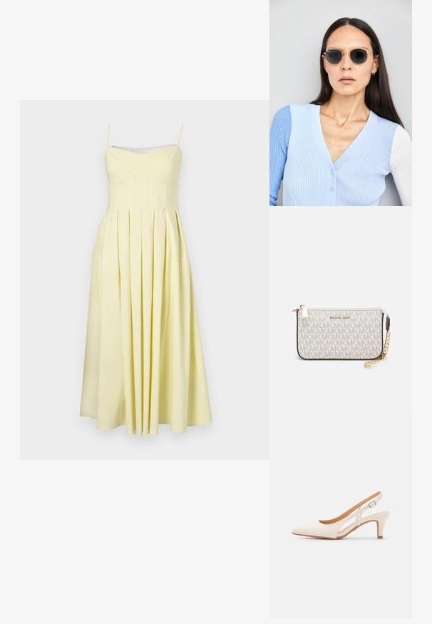 Žluté skládací šaty s nastavitelnými ramínky a přiléhavým živůtkem, vyznačující se hladkým materiálem a volnou sukní do délky poloviny lýtek.; Bílé lodičky na podpatku s špicatou špičkou, hladkým svrškem, nízkým blokovým podpatkem a designem s bočním výřezem se stahovací sponou.; Kulaté sluneční brýle s tmavými čočkami a zlatými rámy. Modelka má na sobě světle modrý žebrovaný kardigan s knoflíky a kontrastními bílými rukávy.; Kabelka na zápěstí Michael Kors v béžové potažené plátno s opakujícím se vzorem loga MK, zlatými kovovými doplňky a odnímatelným řetízkovým popruhem.