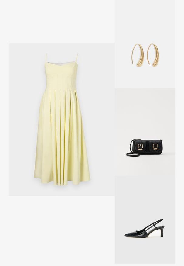 Žluté skládací šaty s nastavitelnými ramínky a přiléhavým živůtkem, vyznačující se hladkým materiálem a volnou sukní do délky poloviny lýtek.; Černé lakované slingback podpatky s špičatou špičkou, zdobené texturovaným hadím vzorem, nastavovacím páskem a krátkým texturovaným blokovým podpatkem.; Černá kožená crossbody taška se dvěma předními kapsami, zlatými přezkami, zipovým uzávěrem a štíhlým popruhem. Texturovaný povrch a kompaktní obdélníkový tvar.; Náušnice ve tvaru kruhu z pozlaceného kovu s vroubkovaným, prodlouženým tvarem. Mají hladký, lesklý povrch a zaoblený konec pro zvýraznění detailu.